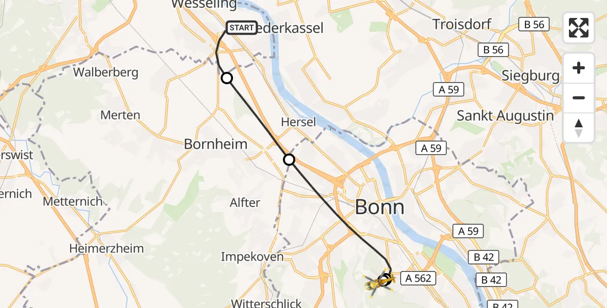 Flugroute Rettungshubschrauber Wesseling - Bonn University Hospital, 01 September 2026, 22:49