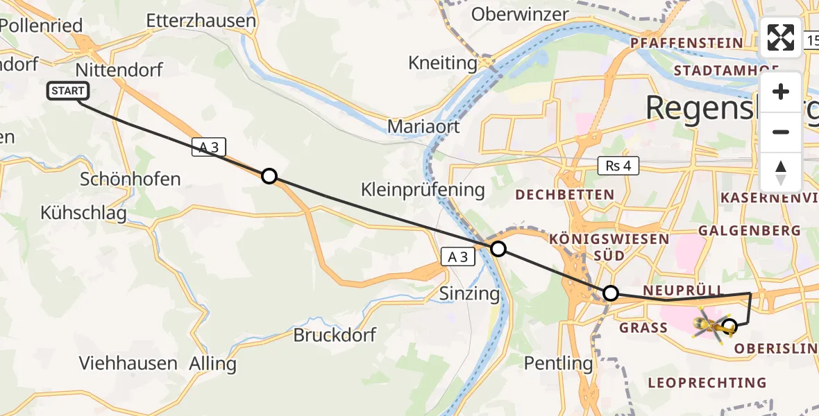 Flugroute Rettungshubschrauber Nittendorf - DRF Air Rescue Station Regensburg / Regensburg University Hospital, 01 September 2026, 22:50