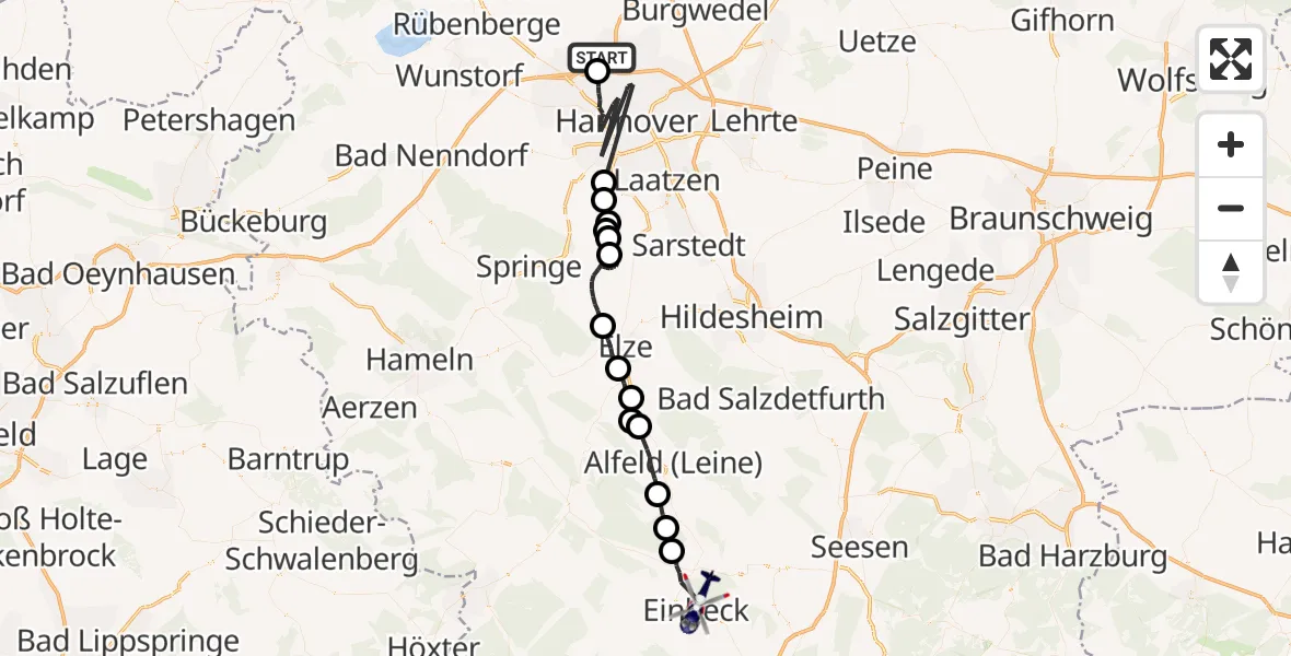 Flugroute Polizeihubschrauber Flughafen Hannover - Einbeck, 01 September 2026, 23:05