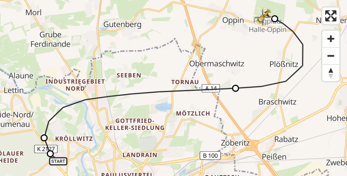 Flugroute Rettungshubschrauber Halle (Saale) University Hospital - Halle-Oppin Flugplatz, 01 September 2026, 23:09