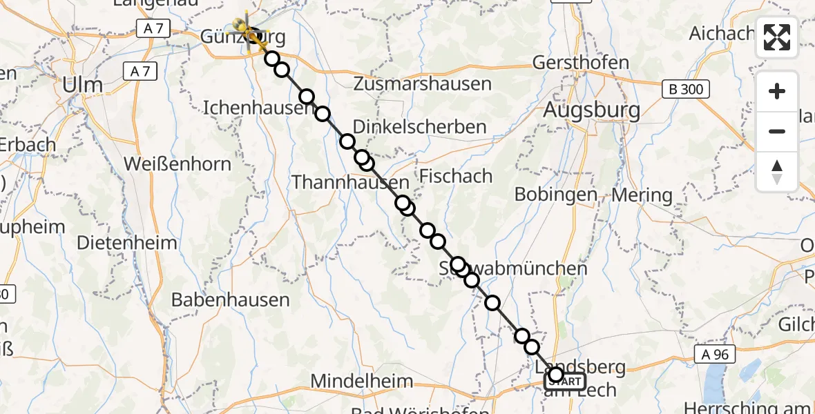 Flugroute Rettungshubschrauber Landsberg am Lech - Günzburg Hospital, 01 September 2026, 23:12