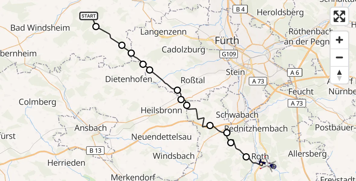 Flugroute Polizeihubschrauber Ipsheim - Roth, 01 September 2026, 23:31