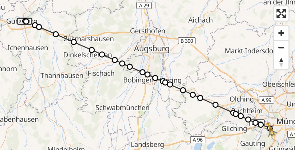 Flugroute Rettungshubschrauber Günzburg Hospital - DRF Air Rescue München Hubschrauberlandeplatz, 01 September 2026, 23:51