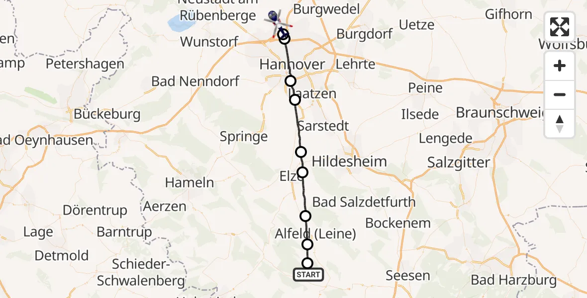 Flugroute Polizeihubschrauber Wenzen - Flughafen Hannover, 02 September 2026, 00:13