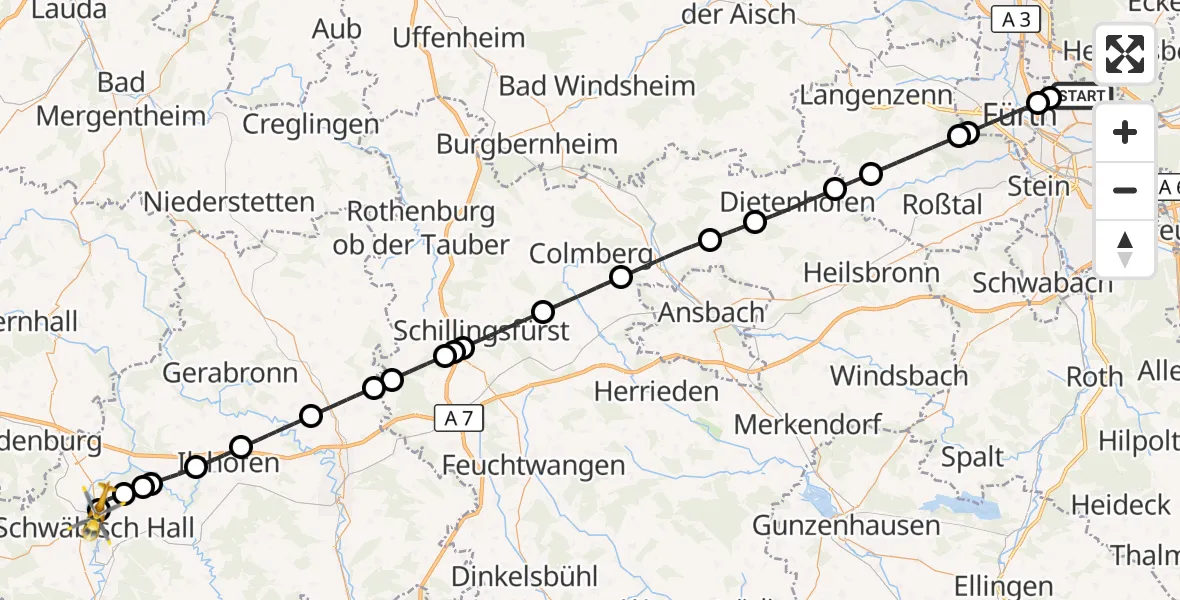 Flugroute Rettungshubschrauber Flughafen Nuremberg - Evangelisches Diakonie Hospital Schwäbisch Hall, 02 September 2026, 00:43