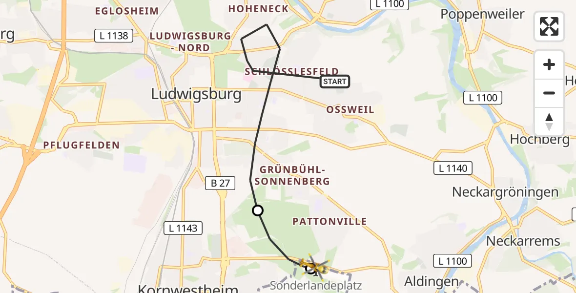 Flugroute Rettungshubschrauber Ludwigsburg - Pattonville Flugplatz, 02 September 2026, 02:19