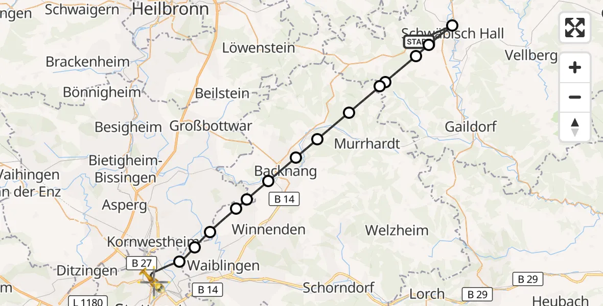 Flugroute Rettungshubschrauber Michelfeld - Stuttgart, 02 September 2026, 03:37