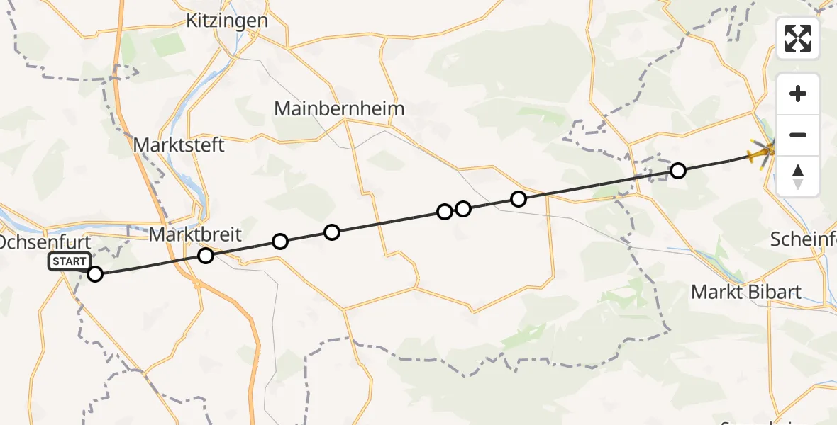 Flugroute Rettungshubschrauber Ochsenfurt - Oberscheinfeld, 02 September 2026, 05:15
