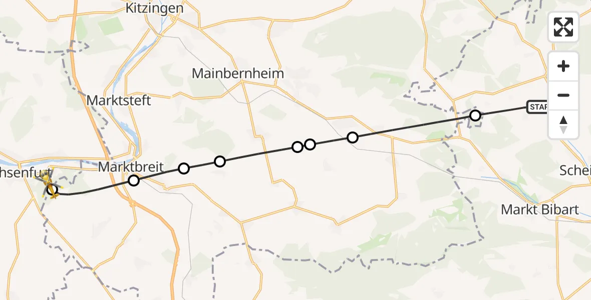 Flugroute Rettungshubschrauber Oberscheinfeld - Ochsenfurt Hospital, 02 September 2026, 05:42
