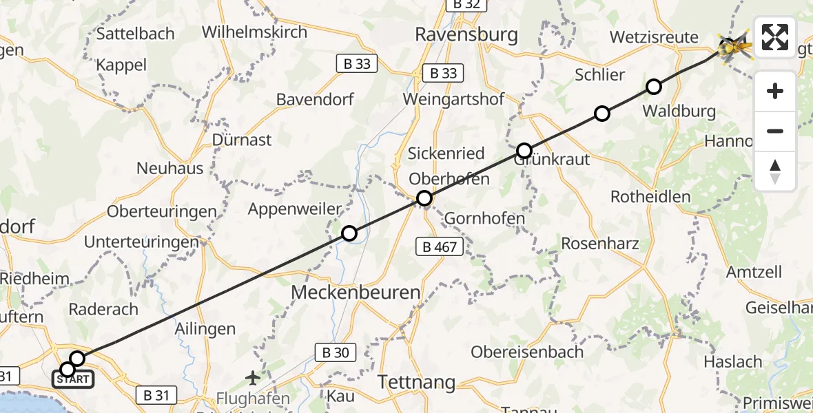 Flugroute Rettungshubschrauber Friedrichshafen Hospital - Vogt, 02 September 2026, 05:45