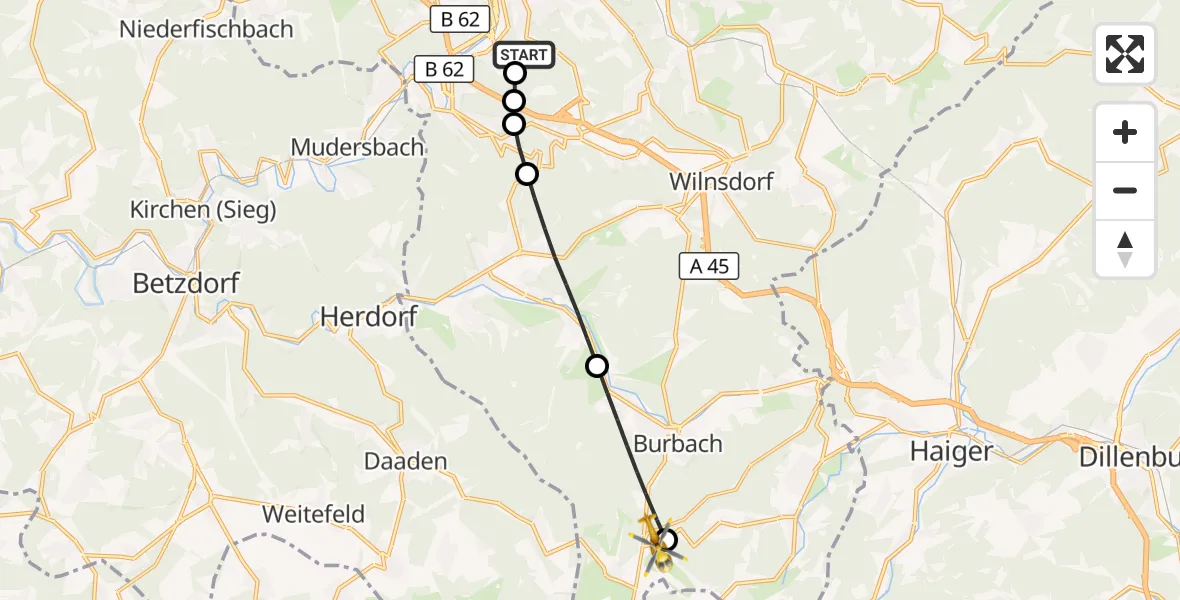Flugroute Rettungshubschrauber Evangelisches Jung-Stilling Hospital - Siegerland Flughafen, 02 September 2026, 06:04