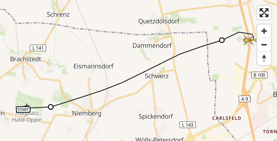Flugroute Rettungshubschrauber Halle-Oppin Flugplatz - Sandersdorf-Brehna, 02 September 2026, 06:09