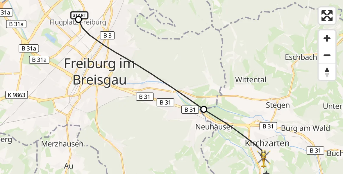 Flugroute Ambulanzhubschrauber Freiburg im Breisgau Flugplatz - Kirchzarten, 02 September 2026, 06:16