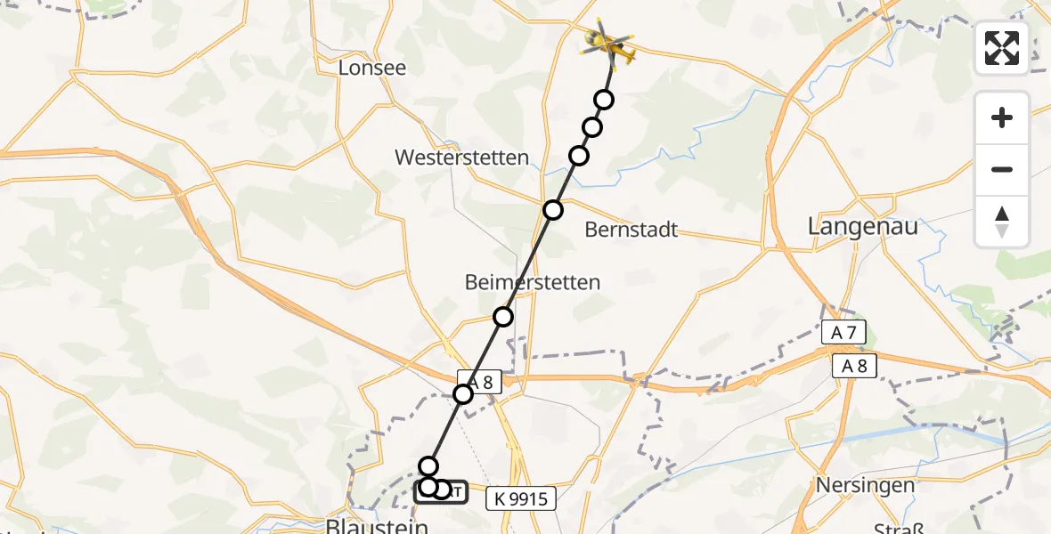 Flugroute Rettungshubschrauber Ulm Military Hospital Emergency - Neenstetten, 02 September 2026, 06:17