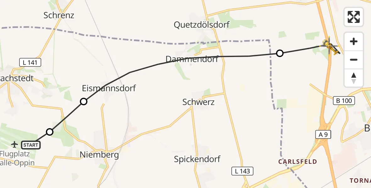 Flugroute Rettungshubschrauber Halle-Oppin Flugplatz - Sandersdorf-Brehna, 02 September 2026, 06:23