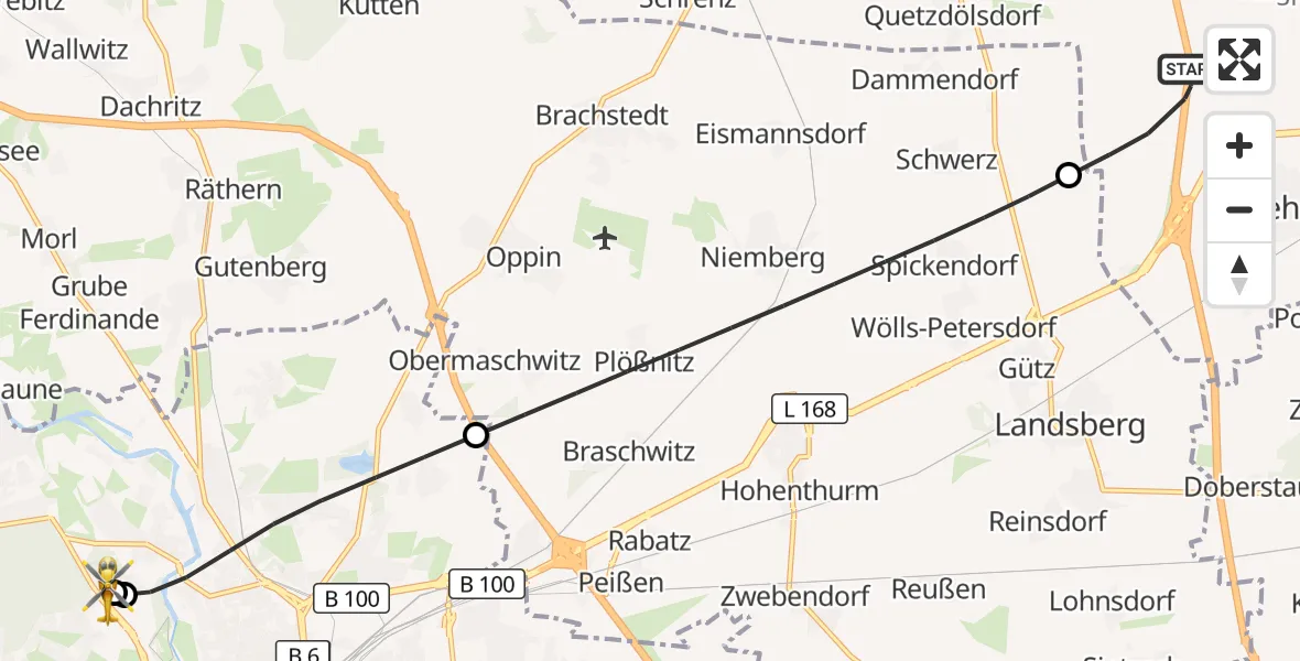 Flugroute Rettungshubschrauber Sandersdorf-Brehna - Halle (Saale) University Hospital, 02 September 2026, 06:45