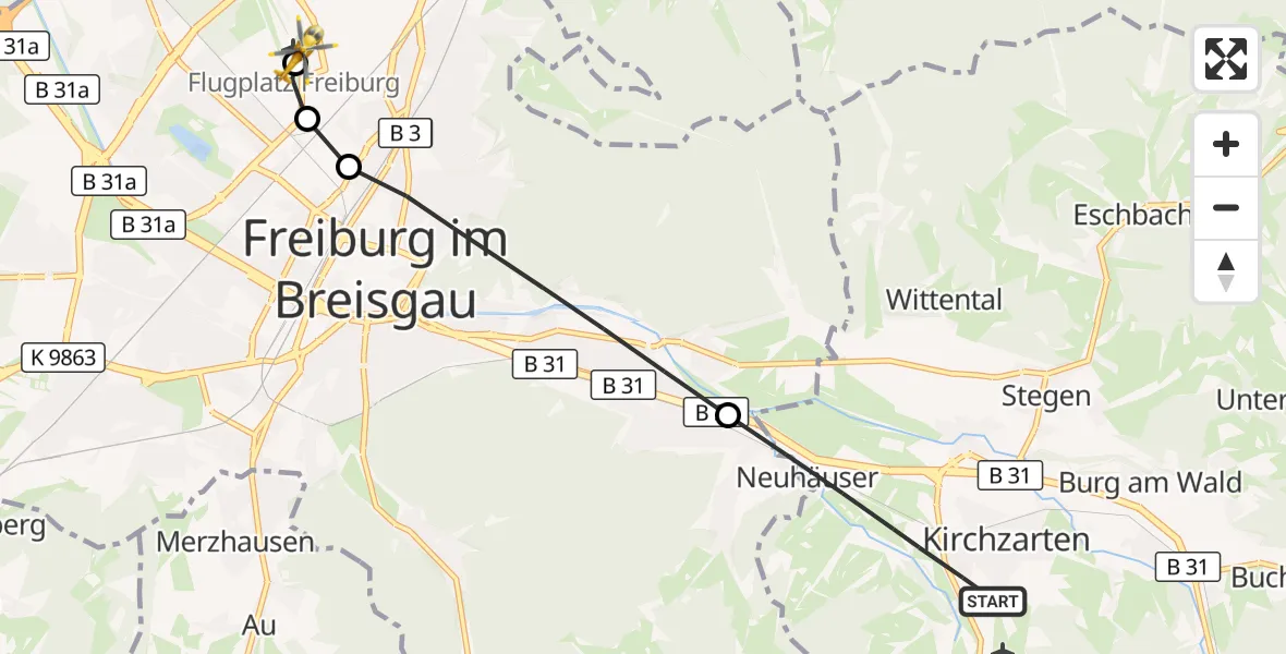 Flugroute Ambulanzhubschrauber Kirchzarten - Freiburg im Breisgau Flugplatz, 02 September 2026, 06:48