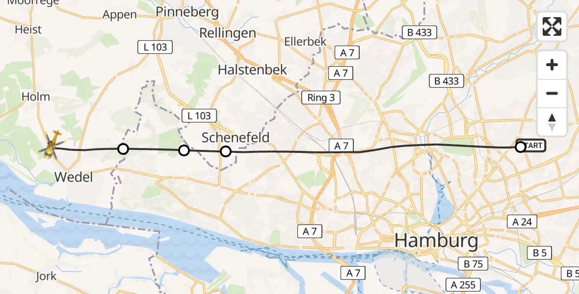 Flugroute Rettungshubschrauber Hamburg Military Hospital - Wedel, 02 September 2026, 06:58