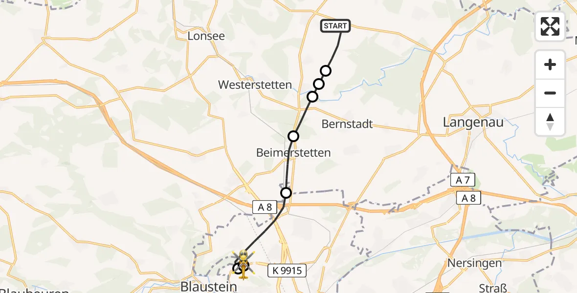 Flugroute Rettungshubschrauber Neenstetten - ADAC Air Rescue Station Ulm (Christoph 22), 02 September 2026, 07:03