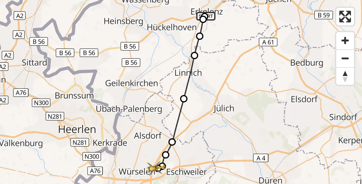 Flugroute Rettungshubschrauber Hermann-Josef Hospital Erkelenz - Aachen-Merzbrück Flughafen, 02 September 2026, 07:19