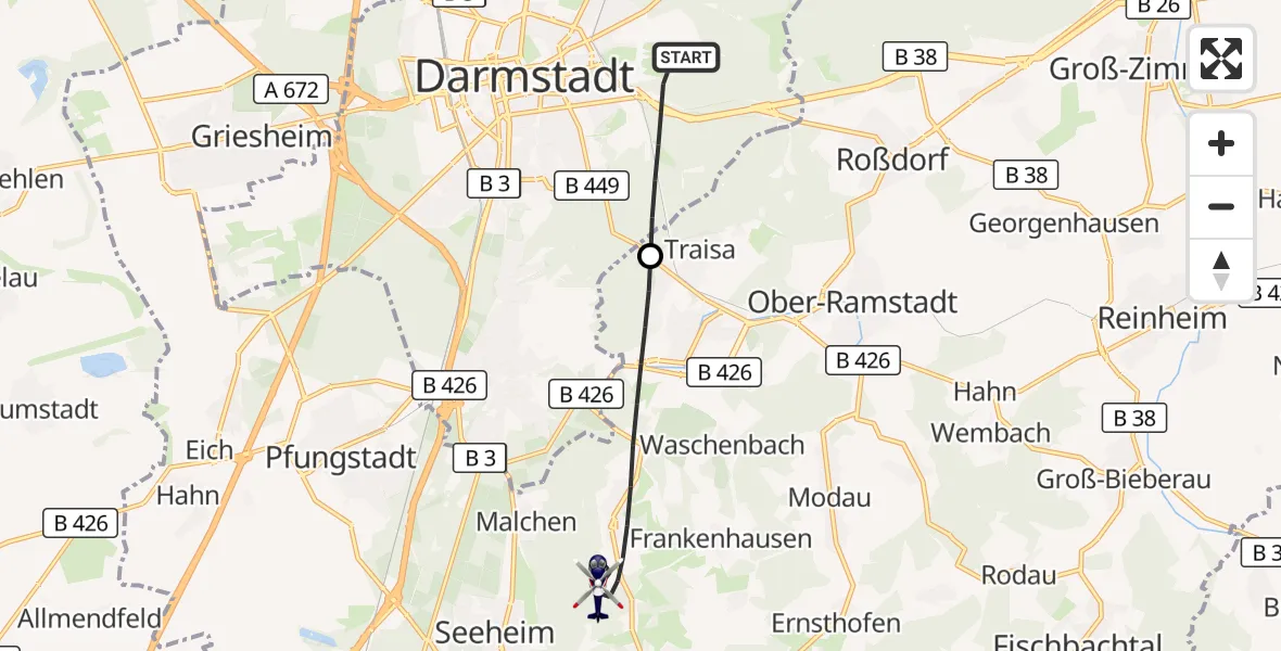 Flugroute Polizeihubschrauber Darmstadt - Mühltal, 02 September 2026, 07:24