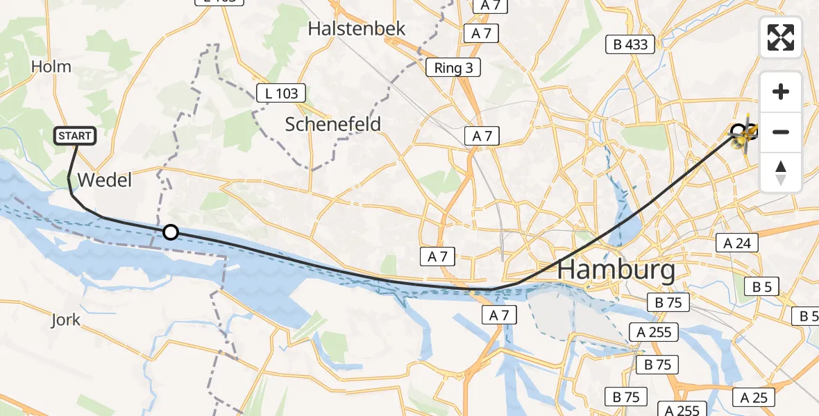 Flugroute Rettungshubschrauber Wedel - Hamburg Military Hospital, 02 September 2026, 07:26