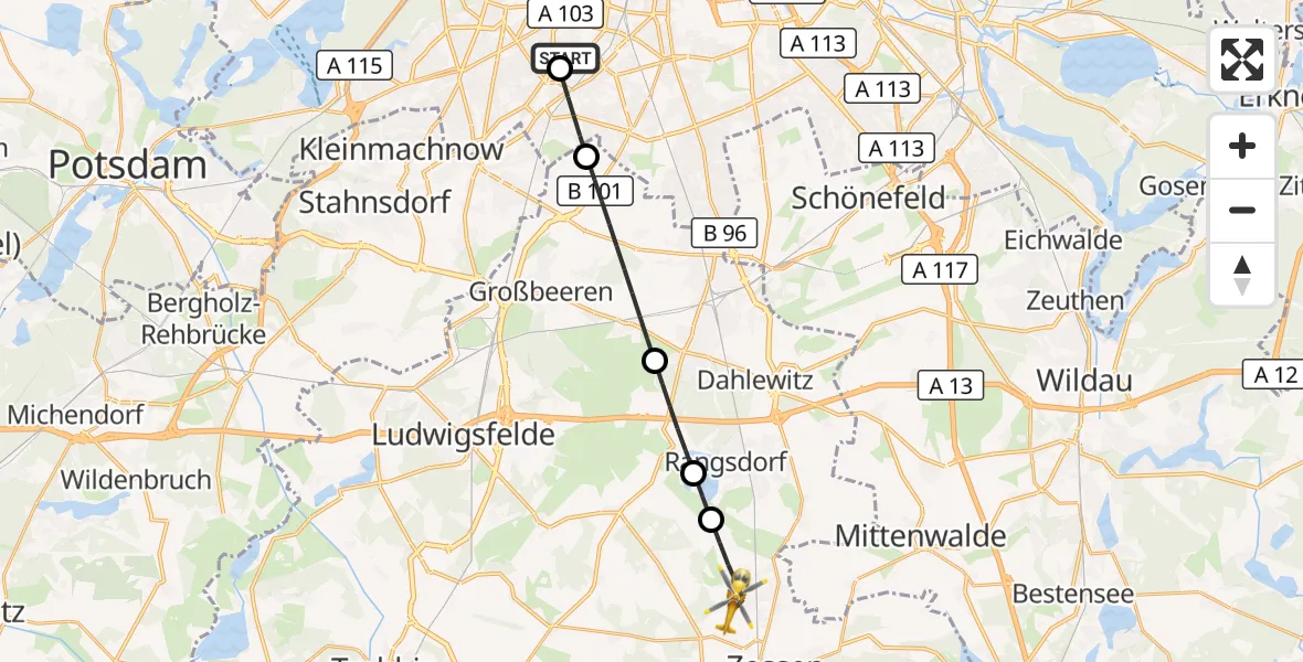 Flugroute Rettungshubschrauber Charité Clinic Benjamin Franklin Campus - Zossen, 02 September 2026, 07:37