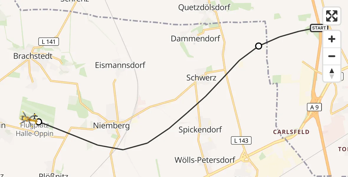 Flugroute Rettungshubschrauber Sandersdorf-Brehna - Halle-Oppin Flugplatz, 02 September 2026, 07:41