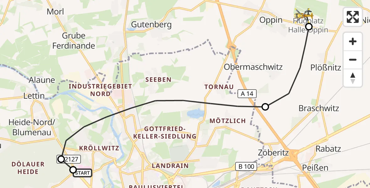 Flugroute Rettungshubschrauber Halle (Saale) University Hospital - Halle-Oppin Flugplatz, 02 September 2026, 07:45