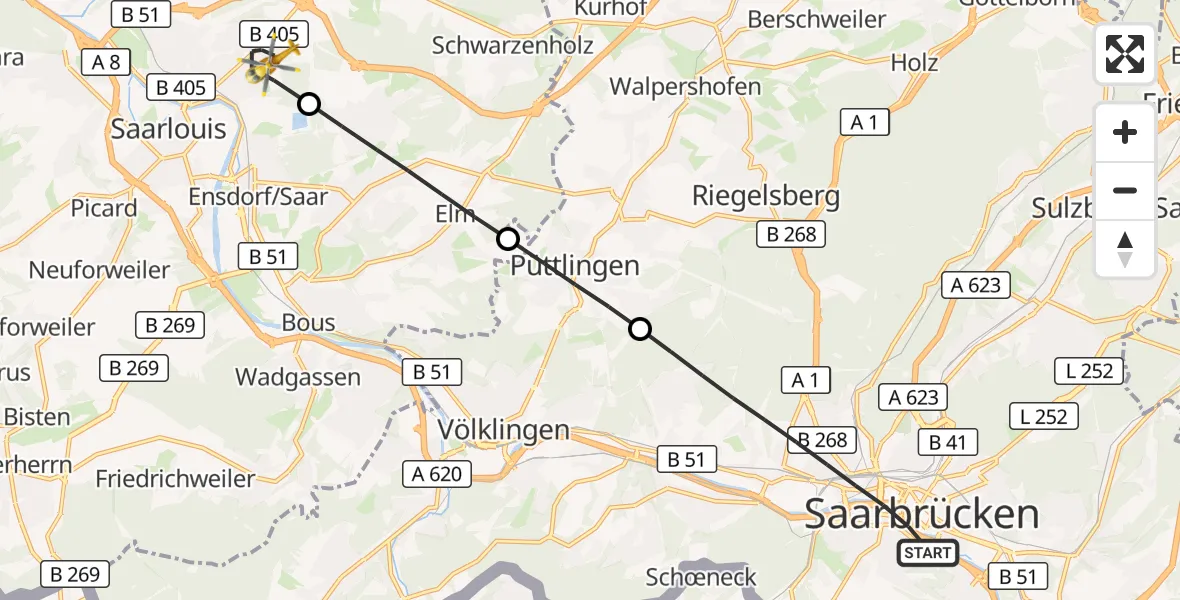 Flugroute Rettungshubschrauber Saarbrücken - Saarlouis, 02 September 2026, 07:45