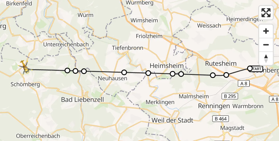 Flugroute Rettungshubschrauber Leonberg Hospital - Schömberg, 02 September 2026, 07:48