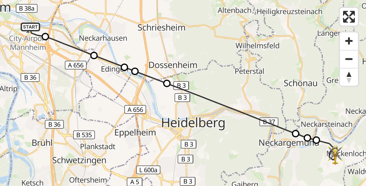 Flugroute Rettungshubschrauber Mannheim-City Flughafen - Neckargemünd, 02 September 2026, 08:00