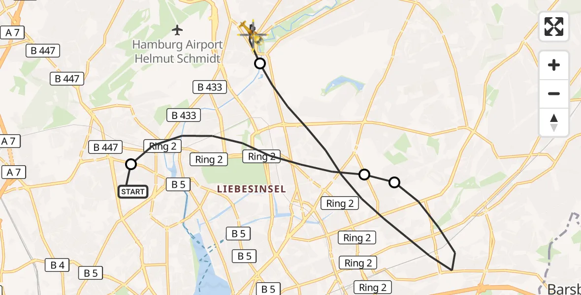 Flugroute Rettungshubschrauber Universitätsklinikum Hamburg-Eppendorf Hubschrauberlandeplatz - Hamburg Helmut Schmidt Flughafen, 02 September 2026, 08:02