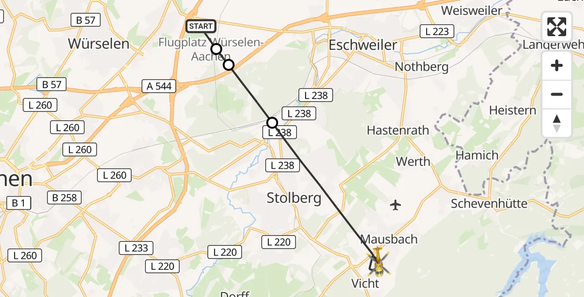 Flugroute Rettungshubschrauber Aachen-Merzbrück Flughafen - Stolberg (Rhld.), 02 September 2026, 08:05