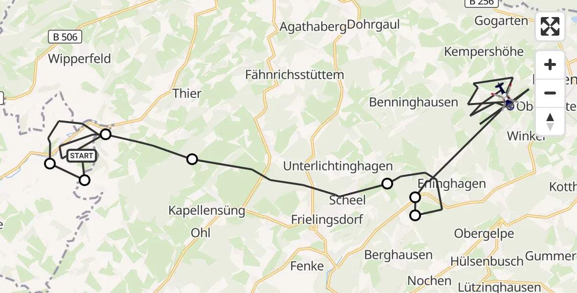 Flugroute Polizeihubschrauber Kürten - Marienheide, 02 September 2026, 08:12