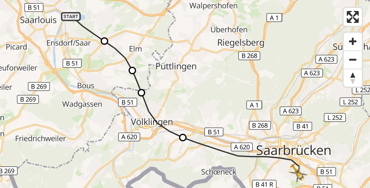 Flugroute Rettungshubschrauber Ensdorf - Saarbrücken, 02 September 2026, 08:16