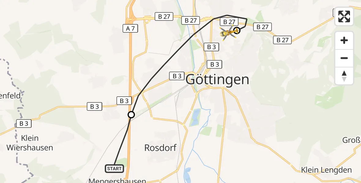 Flugroute Rettungshubschrauber Rosdorf - Göttingen University Clinic Hubschrauberlandeplatz, 02 September 2026, 08:16