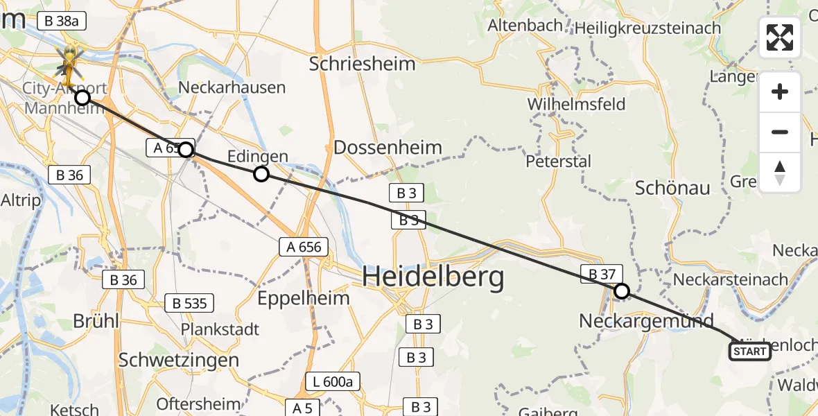 Flugroute Rettungshubschrauber Neckargemünd - Mannheim-City Flughafen, 02 September 2026, 08:39