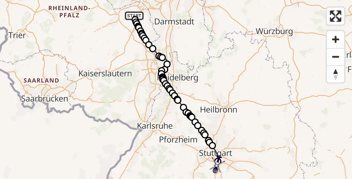 Flugroute Polizeihubschrauber Stadecken-Elsheim - Flughafen Stuttgart, 02 September 2026, 08:40