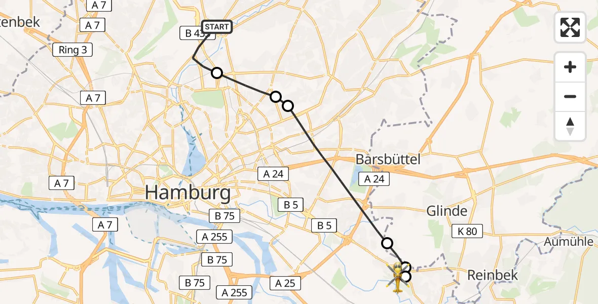Flugroute Rettungshubschrauber Hamburg Helmut Schmidt Flughafen - Christoph Hansa ADAC Hubschrauberlandeplatz, 02 September 2026, 08:44
