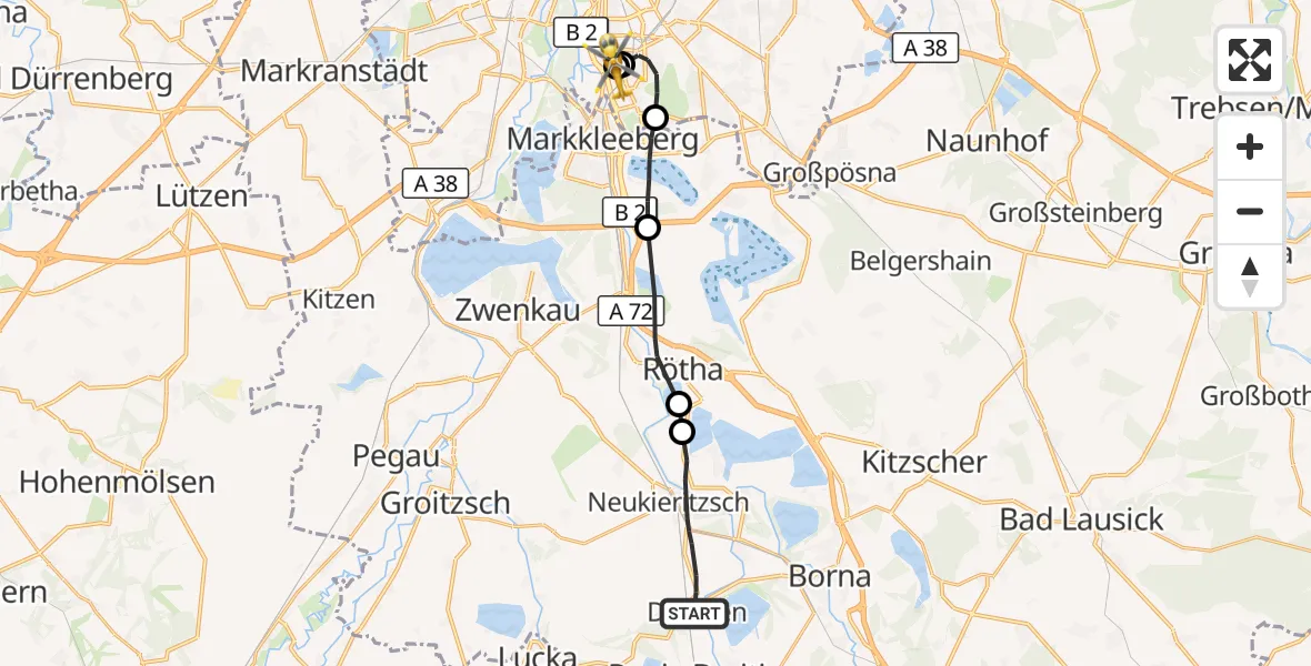 Flugroute Rettungshubschrauber Neukieritzsch - Sankt Elisabeth Hospital Leipzig, 02 September 2026, 08:47