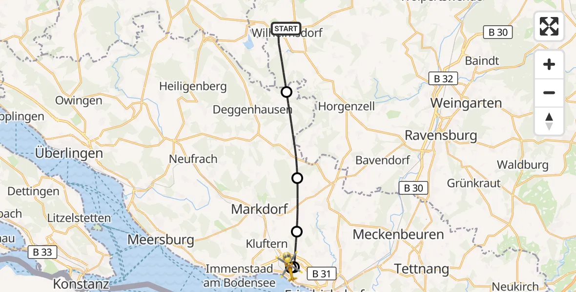 Flugroute Rettungshubschrauber Wilhelmsdorf - Friedrichshafen Hospital, 02 September 2026, 08:55
