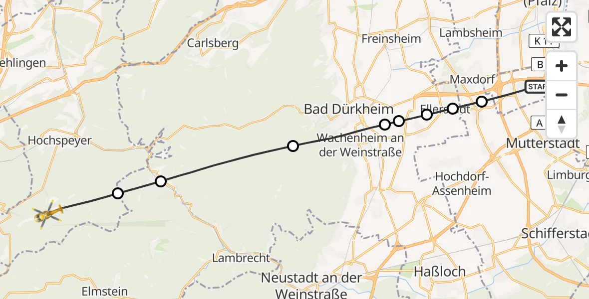 Flugroute Rettungshubschrauber Ludwigshafen am Rhein - Waldleiningen, 02 September 2026, 08:55
