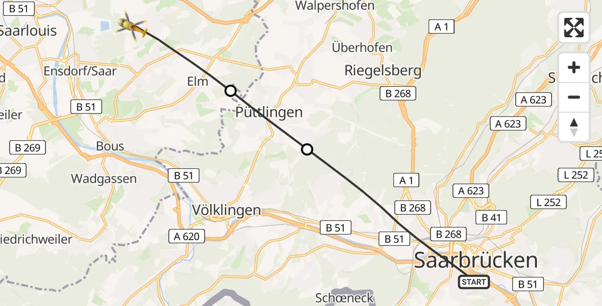 Flugroute Rettungshubschrauber Saarbrücken - Schwalbach, 02 September 2026, 08:55