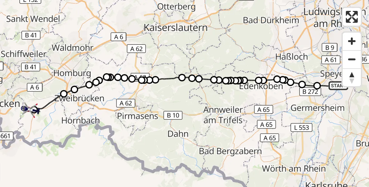 Flugroute Polizeihubschrauber Römerberg - Mandelbachtal, 02 September 2026, 08:57