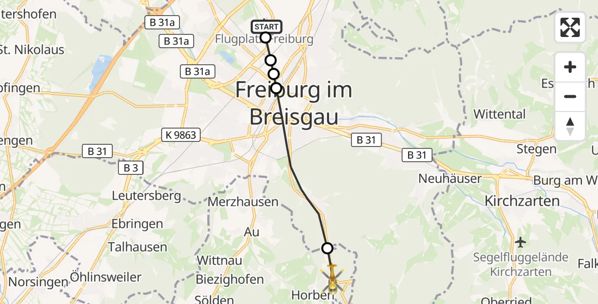 Flugroute Ambulanzhubschrauber Freiburg im Breisgau Flugplatz - Horben, 02 September 2026, 09:21
