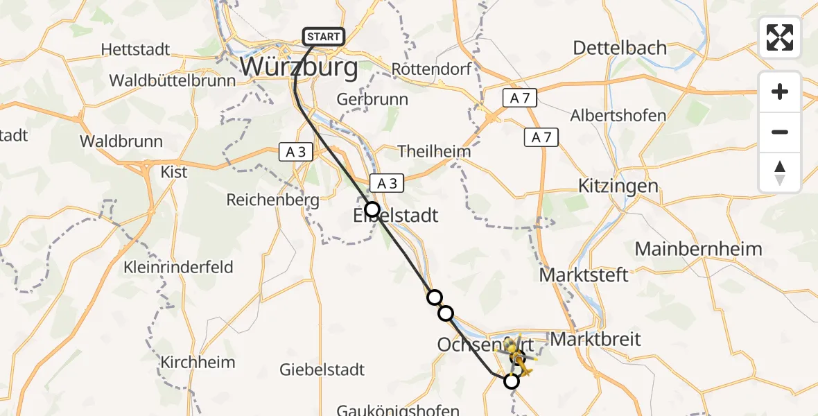 Flugroute Rettungshubschrauber Würzburg - Ochsenfurt Hospital, 02 September 2026, 09:22