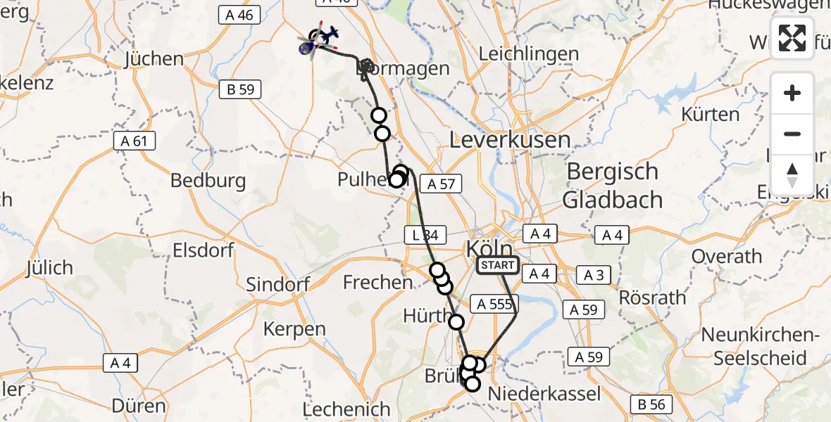 Flugroute Polizeihubschrauber Köln - Dormagen, 02 September 2026, 09:23
