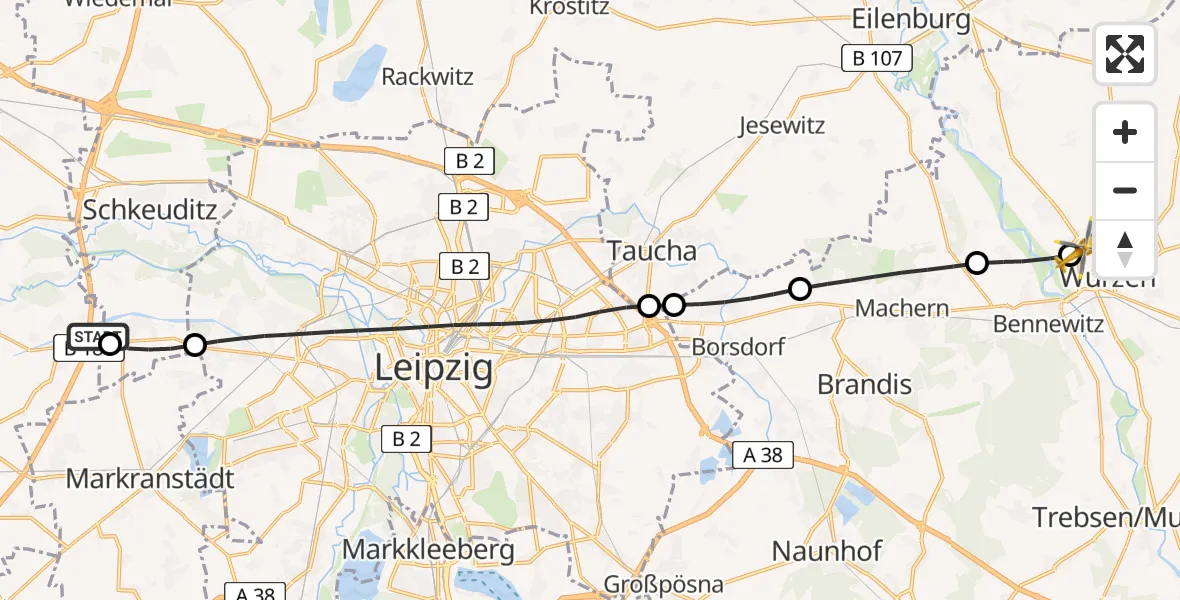 Flugroute Rettungshubschrauber ADAC Air Rescue Station Leipzig/Schkeuditz-Dölzig Hubschrauberlandeplatz (Christoph 61) - Wurzen Hospital Hubschrauberlandeplatz, 02 September 2026, 09:27