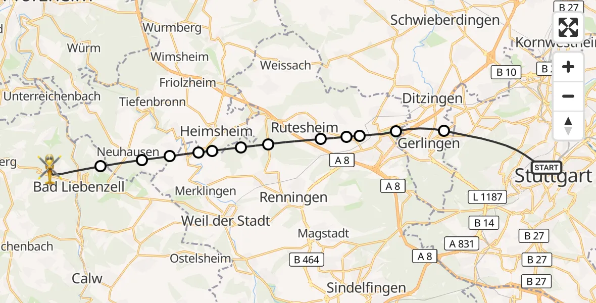 Flugroute Rettungshubschrauber Stuttgart - Bad Liebenzell, 02 September 2026, 09:32